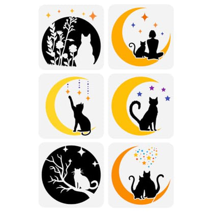 FINGERINSPIRE 6 PCS Moon Cat Painting Stencil 7.8x7.8inch Reusable Cat Silhouette Template Stencils Flower Girl Stars Stencil Cats Pattern Animal Theme Template for Painting on Wood Wall - color: 6PCS Moon Cat