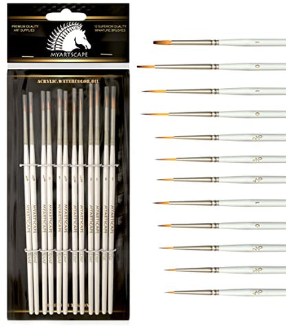 MyArtscape Artist Quality Painting Set - Acrylic Paint - 12 x 12ml Tubes with Miniature Paint Brushes - Set of 12 for Detail & Fine Point Painting