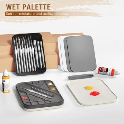 golden maple Wet Pallet for Painting Miniatures 2 in 1 Dry and Wet Palette with Lid, Including 11 Miniature Paint Brushes,100PCS Palette Paper, 4PCS Sponges, Paint Brushes Holders - color: White+Gray