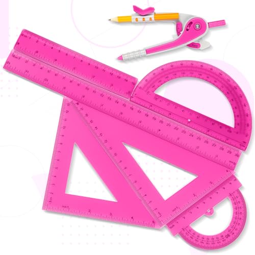 Zonon 1 Set Plastic Geometry Math Set 7 Pcs Includes 6'' / 4 '' Protractor, Drawing Compass, 45/60 Degree Triangle Rulers, 12'' / 6'' Math Ruler Transparent for Office Supplies(Pink) - color: Pink