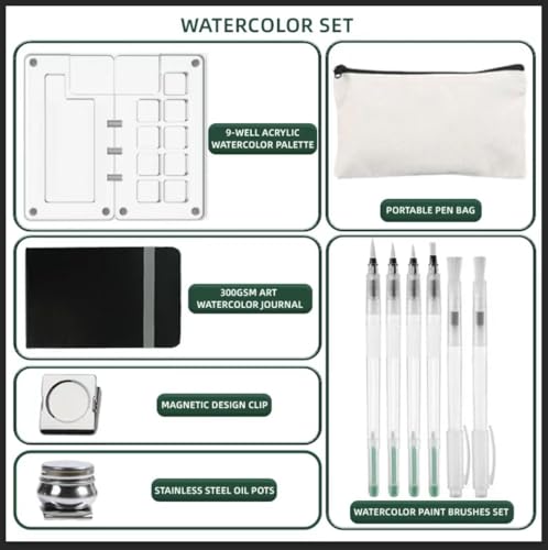 Portable Paint Kit Mini Magnetic Acrylic Box 9-Well Empty Watercolor Palette,Tiny Travel Paint Case with Clip and Oil Pot,Small Watercolor Paper Sketchbook Artist Paint Brushes Set