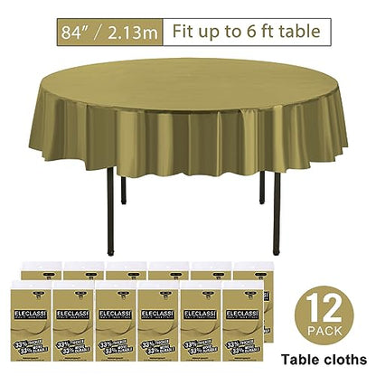 Eleclassi Gold 12 Pack Premium Round Disposable Tablecloth - 84 Inch Round Plastic Table Cloths for Parties - color: Gold, size: 12 Pack Round