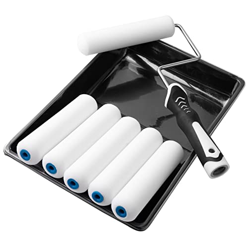 Mister Rui 9 Pack 6 Inch Foam Paint Roller Kit with Tray & Liners | High-Density Foam Rollers with Sturdy Tray & Disposable Liners. Ideal for Walls, Trim, Cabinets and Small Projects