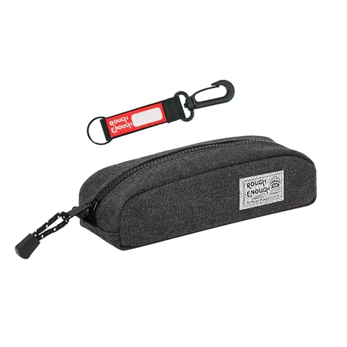 Rough Enough Small Canvas Pencil Case, Stationery Bag for Students | Black, 8"x3"x2.5", YKK Zipper, Detachable Keychain, Name Tag, for School & Office Stationery Use