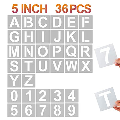 YEAJON 5 Inch Letter Stencils and Numbers, 36 Pcs Alphabet Art Craft Stencils, Reusable Plastic Templates for Wood, Wall, Fabric, Rock, Signage - size: 5 Inch