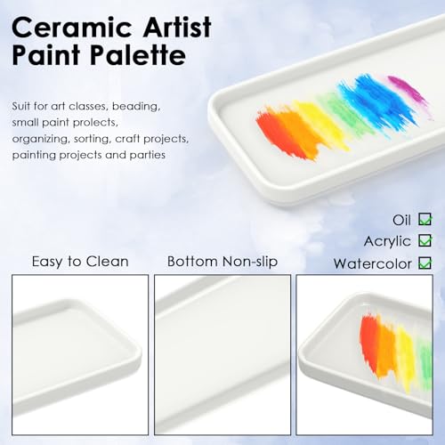 White Ceramic Paint Palettes Tray 9.4" x 3.8", Square Porcelain Large Mixing Area Palette, Artist Watercolor Tray for Gouache, Tempera, Acrylic, Oil Painting