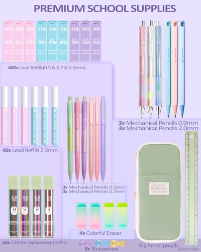 JIZHIYUAN 39X Mechanical Pencil Set with 600 Lead Refills Green Pencil Case | 0.5-2.0mm Mechanical Pencils, Aesthetic Office Supplies Stationary Set Come with Pencil Case for Teacher Office Coworker - color: Green