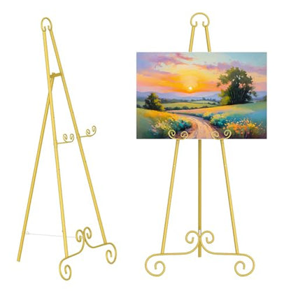 46" H Adjustable Metal Display Easel - Vintage Gold Scroll Design, Rust-Proof Metal Stand for Showcasing Pictures, Artlork, Picture Frame and Wedding Signs