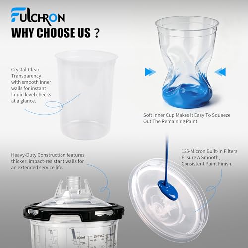 Disposable Paint Cups For Spray Gun, 27oz 125-Micron Mixing Cup With Lids | Fulchron 50PCS Paint Cup Liners with Lids, 2 Hard Cups & Adapters, Ideal for HVLP/LVLP Spray Gun 360° Spray & Less Cleanup - size: 27 ounce