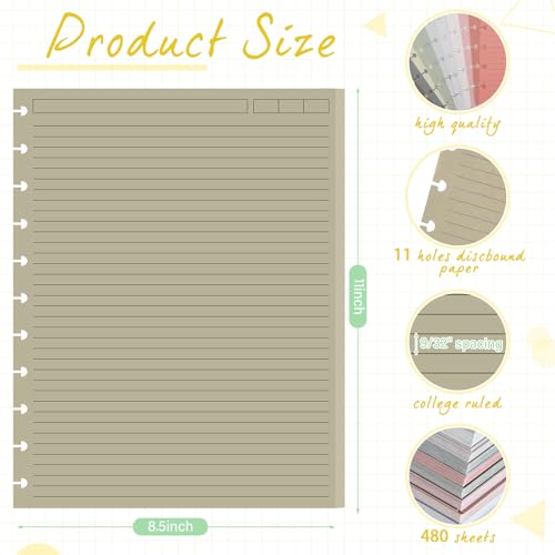 12 Pack 480 Sheets Colored Discbound Refill Paper 8.5 x 11 Inch College Ruled 11 Disc Letter Size Lined Paper Multicolored Notebooks for Refill Journaling(Novel Color) - color: Novel Color