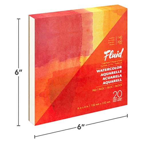Fluid Watercolor Paper Fold Over Pad, 6 x 6 inches, 20 Sheets, 140 lb (300 GSM) Cold Press for Artist Painting and Wet Media - size: 6x6 Inches