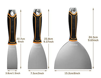 ROLLINGDOG 3PC Putty Knife Set (1.5", 3", 6") | Stainless Steel Spackle Knife Set, Ergonomic Rubber Gripped Handle, for Scrapering, Drywall Repairs and Spreading