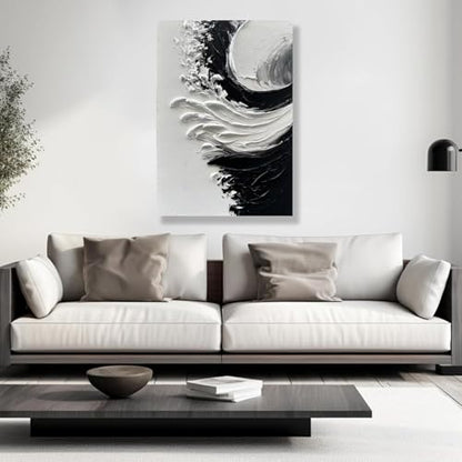NANKAI Art Hand-painted thick textured white and black minimalist oil painting home wall art Deco 36x24 inches - color: NKHB153