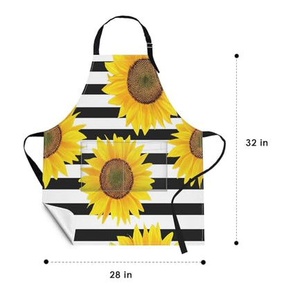 Apron with Pockets, 32x28 inch, for Women Men, Black White Flower | Sunflowers Striped Waterproof Adjustable Bib Aprons for Kitchen Cooking Baking Painting Gardening - color: Sunflower