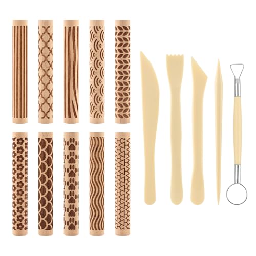 10-Pack Wooden Clay Texture Rollers Set with 5 Pcs Sculpting Tools