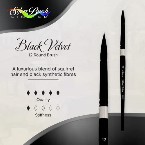 Silver Brush Limited Black Velvet Round Watercolor Paintbrush, Size 12 | Gouache, Inks, Dyes, Short Handle, Pointed Bristle, Soft Synthetic and Squirrel Mix, Superb Paint Absorbency, Smooth Strokes - size: 12