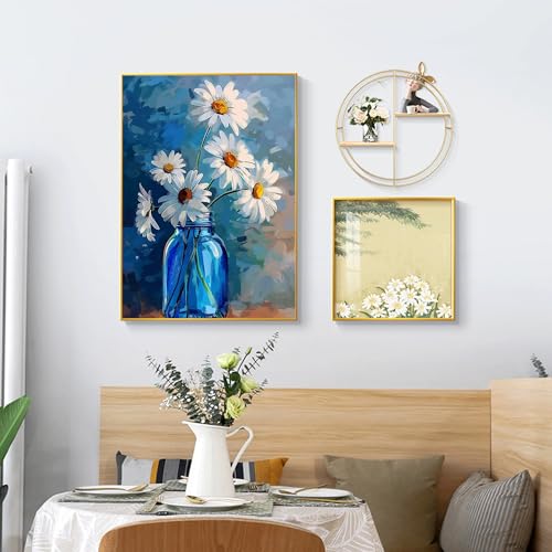 Ohhvvow White Daisy Diamond Art Painting Kits for Adults, Full Drill Blue Vase Flower Diamond Dots Paintings for Beginners, Blue Round 5D Paint with Diamonds Painting Kits for DIY Crafts, 12x16 Inch - color: White flower