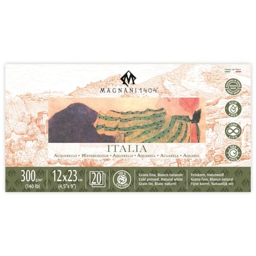 Magnani 1404 Italia Cold Press 100% Cotton Watercolor Paper Pad, 20 Sheets, 4.5x9, 140 lb, Acid-Free, UV Resistant, pH-Neutral, Vegan Sized Water Color Paper for Artists, Made in Italy - size: 4.5x9" Pad