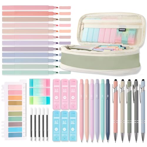 39PCS Aesthetic School Supplies with Cute Pencil Case, 5X Ballpoint Pens with Stylus Tip, 12X Pastel Highlighters, 6X Mechanical Pencil Set 0.5&0.7mm, Suit for Preppy School College Essentials(green) - color: Green