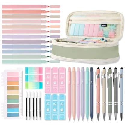 39PCS Aesthetic School Supplies with Cute Pencil Case, 5X Ballpoint Pens with Stylus Tip, 12X Pastel Highlighters, 6X Mechanical Pencil Set 0.5&0.7mm, Suit for Preppy School College Essentials(green) - color: Green