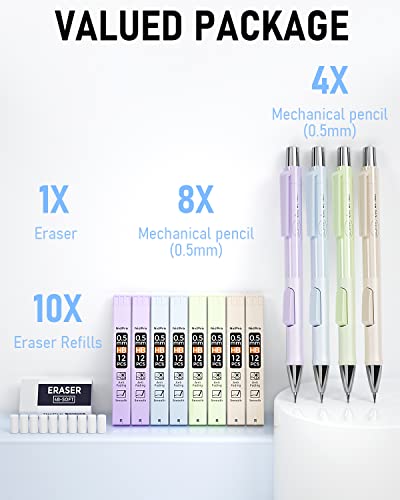 Nicpro 4PCS Pastel Mechanical Pencil 0.5mm, Cute Pencils Fast Click | 100PCS HB Lead Refills, Erasers and Eraser Refills, Aesthetic School Supplies for Writing, Drawing, Sketching - style: 4PCS-0.5mm