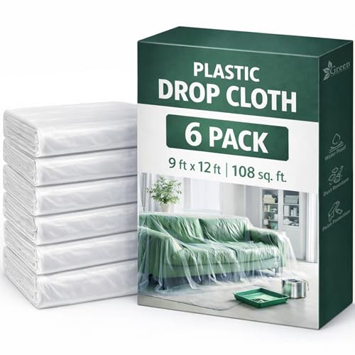 GREEN LIFESTYLE Plastic Drop Cloths for Painting 12 x 9 ft [6 Pack] – Waterproof Paint Drop Cloth, Plastic Sheets Floor Cover, Disposable Tarp for Furniture Protection, Remodeling and Moving - size: 9x12