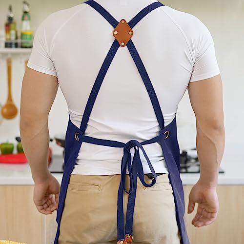 Aoomzoon Canvas Aprons for Men Chef Apron, Work Apron with Large Pockets - 16oz Heavy Duty Cross Back, BBQ, Cooking - color: Blue