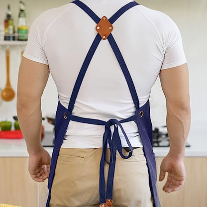 Aoomzoon Canvas Aprons for Men Chef Apron, Work Apron with Large Pockets - 16oz Heavy Duty Cross Back, BBQ, Cooking - color: Blue