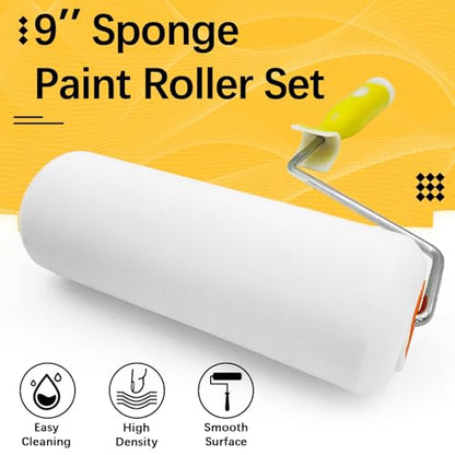 2 Pack Foam Paint Roller Covers, 9 Inch Paint Rollers with 2 Frame | High Density Foam Paint Roller Kit for Painting Walls, Cabinet, Ceilings, House