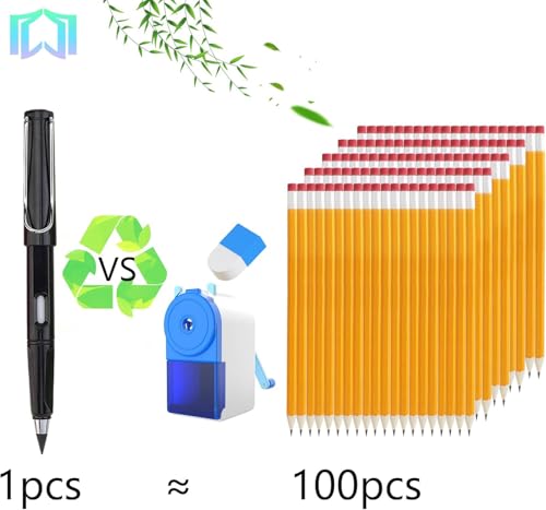 6 Sets Everlasting Pencil, Infinity Pen, NO-Sharpening Pencils for Writing Drawing Students Sustainable for Home Office School Supplies (6 Pens + 6 Erasers + 8 Replaceable Nibs) - color: Black+White