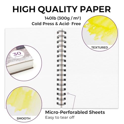 Funto Watercolor Pad 5.5x8.5, 30 Sheets, 140lb/300gsm, Double-Sided Cold Press, Spiral Bound, Heavyweight Paper for Watercolor Painting - color: 5.5x8.5-Purple-1 Pack