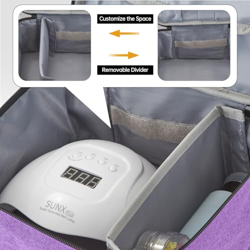 Buruis 2 Layer Nail Polish Bag, Nail Supplies Organizer, Purple | Dual Zippers, Adjustable Divider, Nail Dryer Storage, Fits 25 Bottles (15ML), Nail Tools Bag, Portable Manicure Case - color: Purple