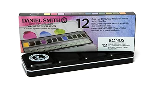 DANIEL SMITH Hand Poured Watercolor Half Pans, Color of Inspiration Set with 12 Watercolor Pans, 12 Empty Pans, 1 Metal Palette (total 25 pieces) 285650103 - style: Inspirational Half Pan Set of 12 Colors with Metal Case and 12 Empty Containers