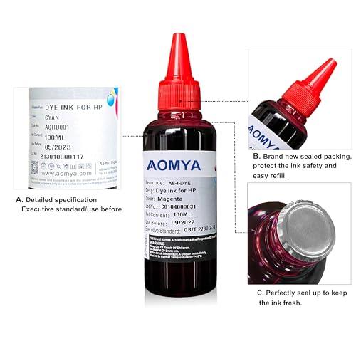 Aomya Ink Refill Kit 100ml for HP 67 61 65 60 62 63 910 920 901 902 932 933 934 940 952 94 95 96 Inkjet Printer Cartridges Refillable Ink Cartridges CIS CISS System 4 Color Set with 4 Syringes - size: BK/CMY