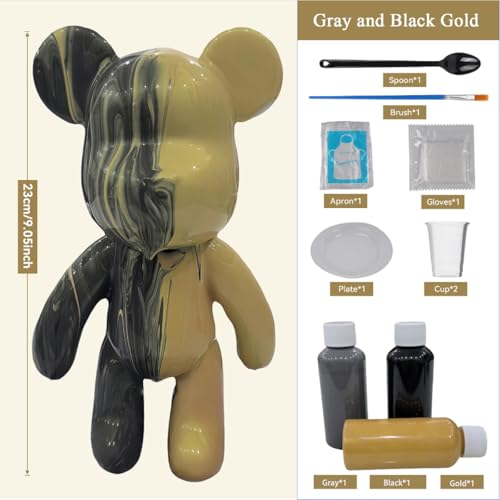 YONXID DIY Fluid Bear Painting Kit - Fluid Art Pour Paint Bear Set - Full Drip Paint Bears Kit with Spill Tray & Apron for Family Activity, Date Night, and Holiday Gifts, 9.05 Inches, Gold+Black+Gray - color: gold+black+gray(Easy DIY)