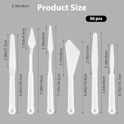 Xindojuz 6 Sets 36PCS Plastic Spatula Pallet Knife, White Palette Knife Set | Flexible Art Knife Tools Painting Knife for Mixing Spreading Scratching Layering Colors Watercolor Painting