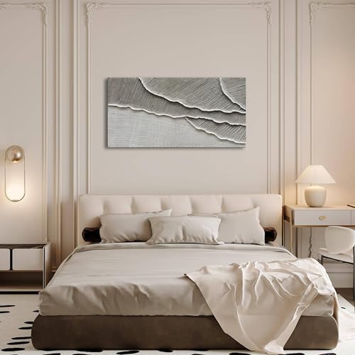 NANKAI Art Hand Painted Wave Landscape Oil Painting Modern Abstract Grey and White Art Painting 24x48 inch Abstract wall Art Deco - color: Nkhb301