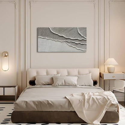 NANKAI Art Hand Painted Wave Landscape Oil Painting Modern Abstract Grey and White Art Painting 24x48 inch Abstract wall Art Deco - color: Nkhb301