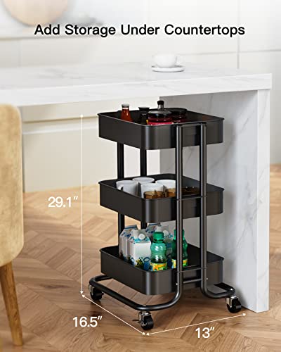 Pipishell 3 Tier Metal Rolling Utility Cart with 2 Lockable Wheels, Black | 360° Rotating Wheel, Heavy-Duty Steel, Sturdy Dual Columns, Ventilated Mesh, Hold 22 lbs per Shelf, for Kitchen & Dining Room - color: Black, size: 3 Tier