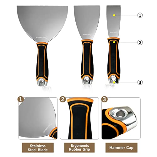 ROLLINGDOG 3PC Putty Knife Set (1.5", 3", 6") | Stainless Steel Spackle Knife Set, Ergonomic Rubber Gripped Handle, for Scrapering, Drywall Repairs and Spreading