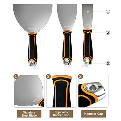 ROLLINGDOG 3PC Putty Knife Set (1.5", 3", 6") | Stainless Steel Spackle Knife Set, Ergonomic Rubber Gripped Handle, for Scrapering, Drywall Repairs and Spreading