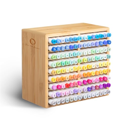 Ohuhu Bamboo Marker Organizer, Wooden Desktop Storage Holds 126 Markers | Markers Pens Pencils Art Brushes Stationary Organizer Pencil Holder with 18 Compartments for Classroom Office Decor Home - style: Rounded Corner Hold 126 Markers