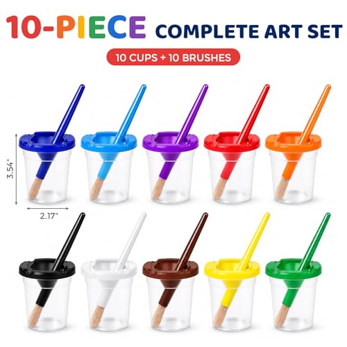 BigOtters Paint Cups with Lids for Kids, 10 Paint Cups, 10 PaintBrushes