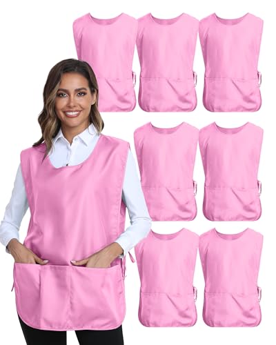 Unisex Cobbler Apron with 3 Deep Pockets, Smock Vest Apron | Multiple colors available, Blank No-Logo, Adjustable Drawstring & Side Ties, Applicable for Cooking, Kitchen,Garden, Cleaning - color: 7 Pack - Pink