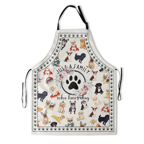 Funny Apron Polyester Grooming Aprons with Pocket for Cooking Kitchen Grilling Adults - color: Dog Family White