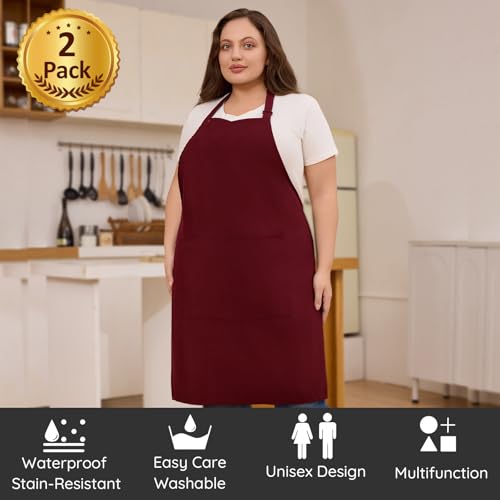 2 Pack Plus Size Waterproof Cooking Chef Apron with 2 Pockets for Men Women | Extra Large Design, Adjustable Neck Straps, Long Waist Ties, Professional Bib Aprons for Kitchen, Grilling, Gardening, Baking - color: Red