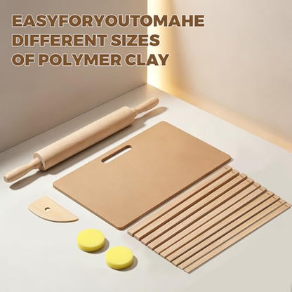 15 Pcs Wooden Pottery Tools Set – Clay Rolling Pin with Thickness Guides, Clay Wedging Board with Handle, Wooden Pottery Rib & Sponges – Ceramic & Polymer Clay Sculpting Kit