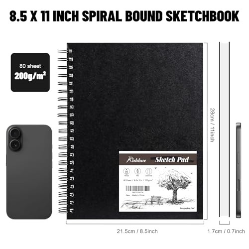 8.5" x 11" Mixed Media Sketchbook Hardcover Spiral Drawing Pad | 80 Sheets (160 Pages), 200gsm Paper, Dry & Light Wet Media, Lay Flat Spiral Binding, Clean Tear Pages, Acid-Free Protection - size: 8.5*11 inch(80 Sheets)