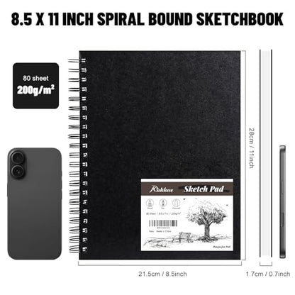 8.5" x 11" Mixed Media Sketchbook Hardcover Spiral Drawing Pad | 80 Sheets (160 Pages), 200gsm Paper, Dry & Light Wet Media, Lay Flat Spiral Binding, Clean Tear Pages, Acid-Free Protection - size: 8.5*11 inch(80 Sheets)