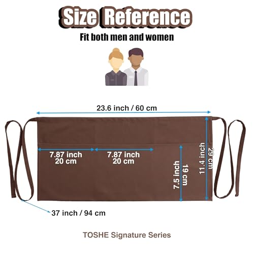 TOSHE Waist Apron 3 Pockets Waterdrop Resistant Cotton Server,Chef,Waitress - color: Brown